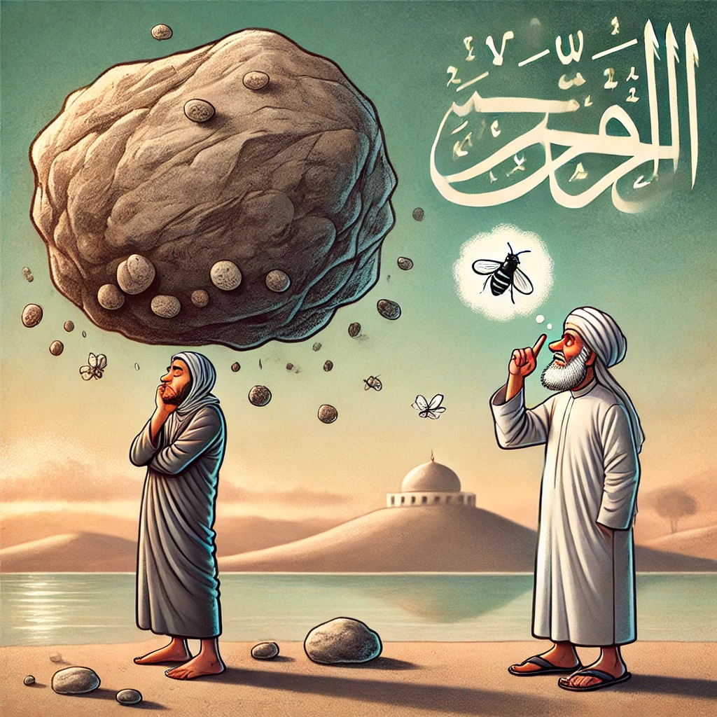 DALL·E 2024-11-14 15.02.20 - An illustration depicting a metaphor from an Islamic teaching_ On one side, a believer looks up with a worried expression at a large boulder hovering